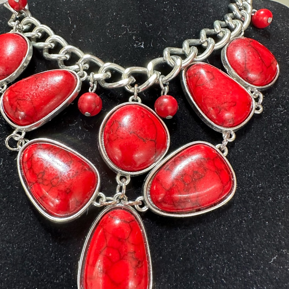 Silver Tone Red Statement Necklace - image 3